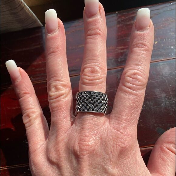 Stunning Black & white rhinestone cigar band 925 Sterling Silver size 7 - Picture 9 of 9